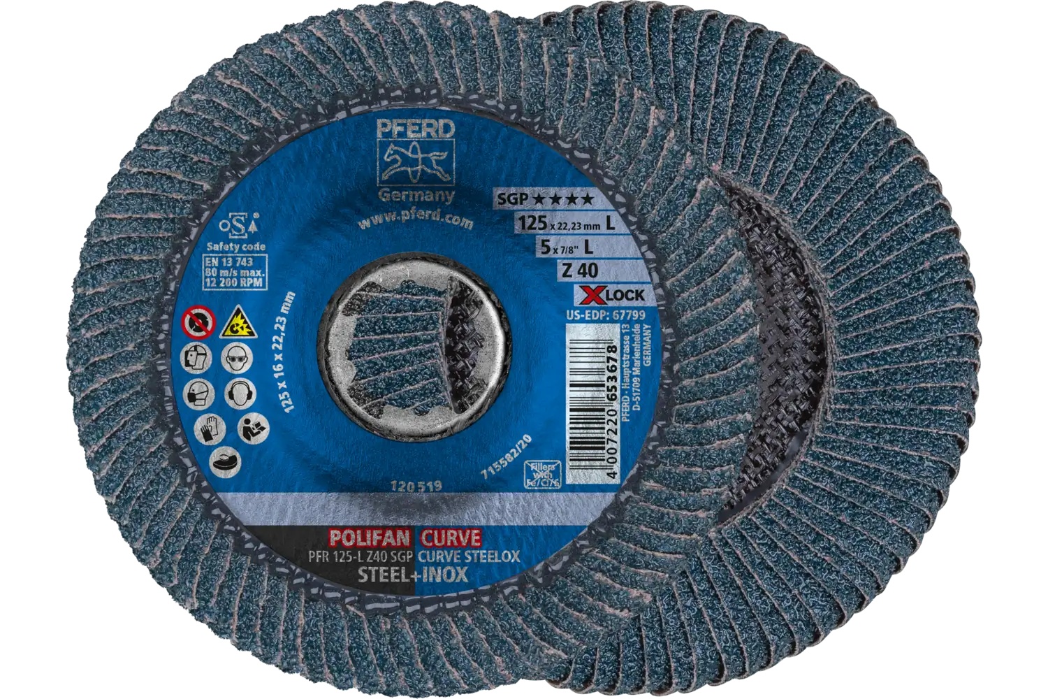 Picture of Pferd Flap Disc, 5", X-Lock, Z SGP Curve Steelox, 40 Grit, Large Radius, Zirconia